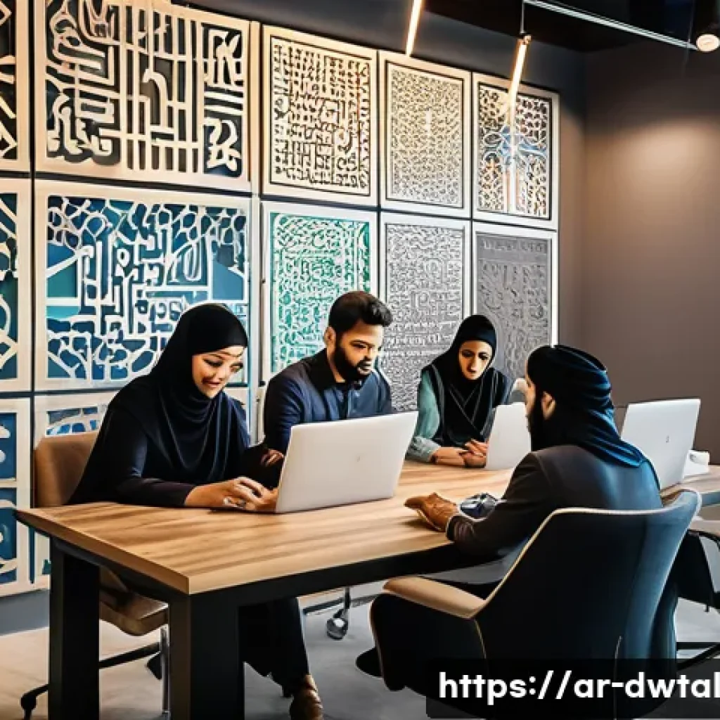 디지털 채널에서의 평판 관리 전략 - A professional Middle Eastern digital marketing team collaborating in a modern office with Arabic ca...