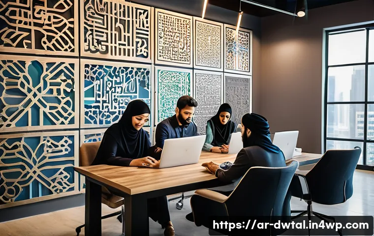 디지털 채널에서의 평판 관리 전략 - A professional Middle Eastern digital marketing team collaborating in a modern office with Arabic ca...