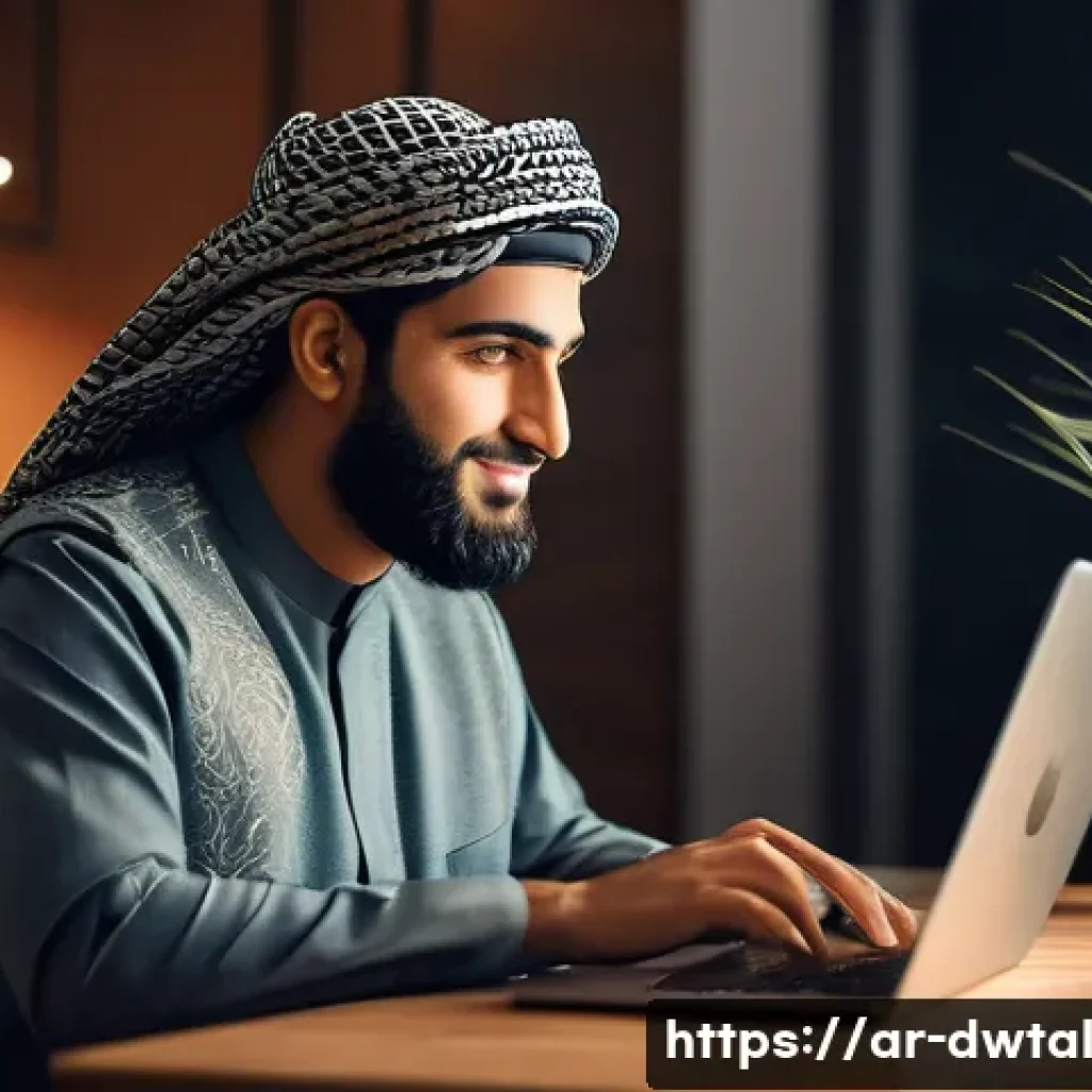 디지털 명성 관리의 성공 비결 - A professional Arab digital content creator engaging warmly with their online audience through a lap...