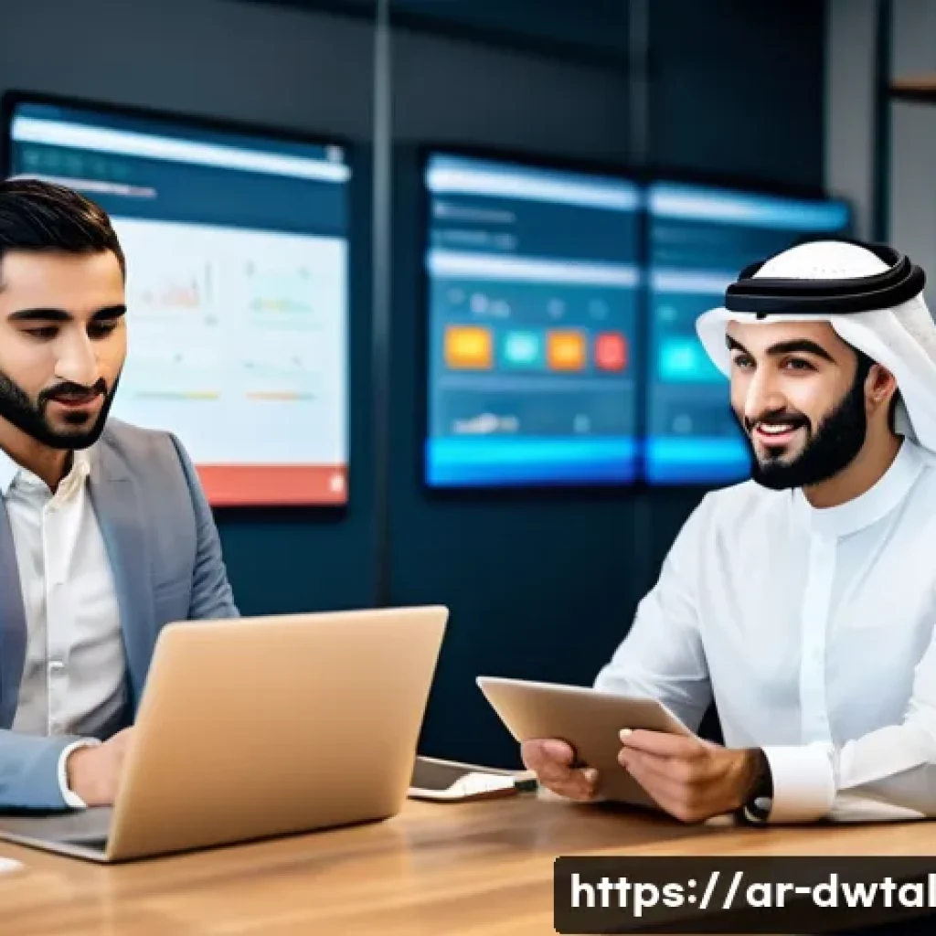 브랜드 이미지 보호를 위한 디지털 전략 - A professional Middle Eastern digital marketing team in a modern office setting, engaging actively o...