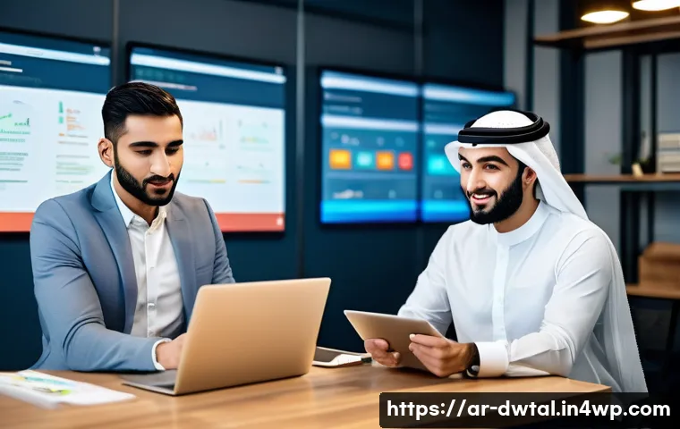브랜드 이미지 보호를 위한 디지털 전략 - A professional Middle Eastern digital marketing team in a modern office setting, engaging actively o...