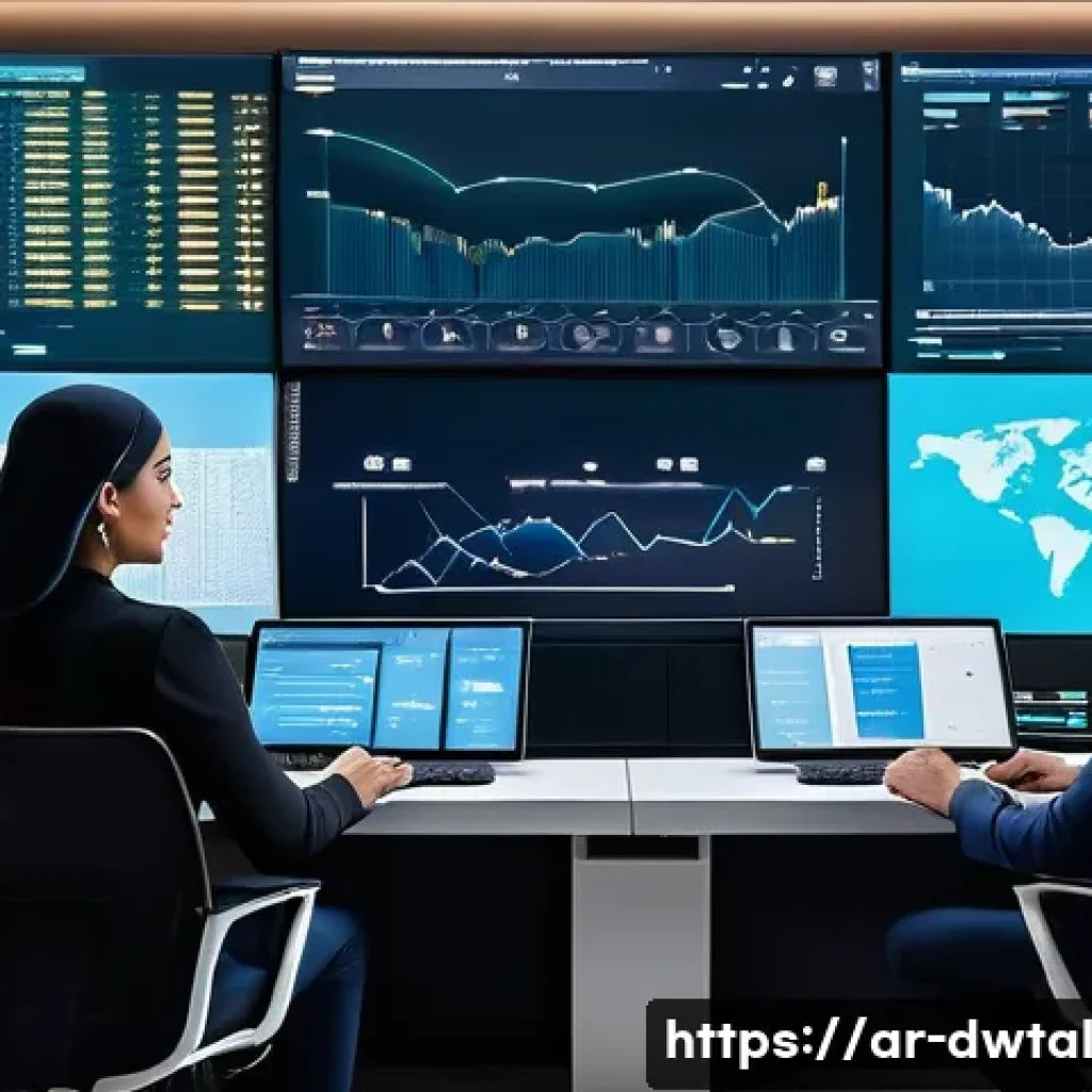 디지털 평판 관리의 최신 트렌드 - A modern digital control room with diverse Middle Eastern professionals monitoring multiple large sc...