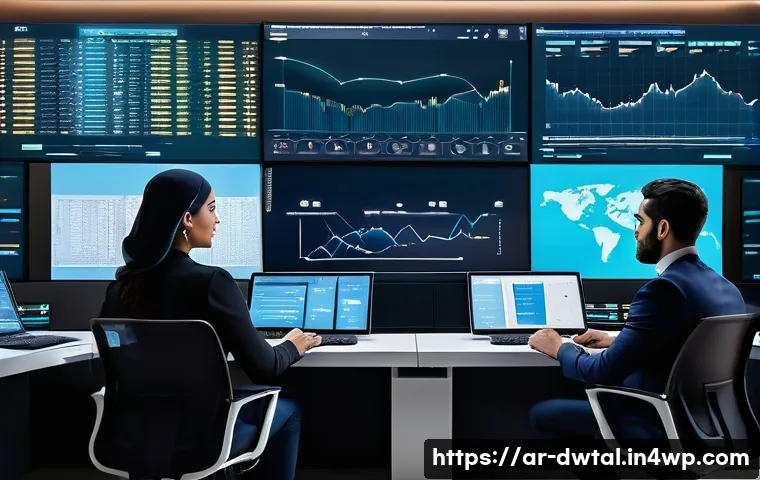 디지털 평판 관리의 최신 트렌드 - A modern digital control room with diverse Middle Eastern professionals monitoring multiple large sc...