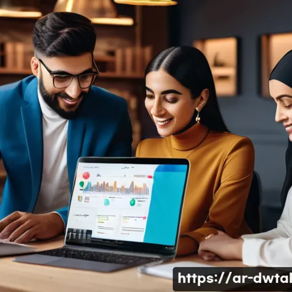 브랜드 가치를 높이는 온라인 전략 - A modern digital marketing workspace scene tailored for Arabic-speaking professionals: a diverse gro...