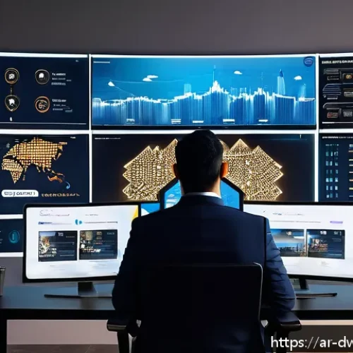 Home 33 소셜 미디어에서의 명성 관리 전략 - A modern digital marketing office scene featuring a diverse Arab social media manager analyzing real...