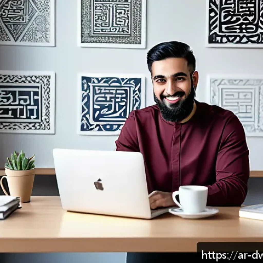 디지털 명성 관리의 기본 개념 - A professional Middle Eastern digital content creator seated at a modern workspace with a laptop and...