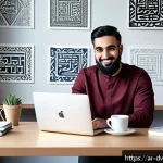Home 19 디지털 명성 관리의 기본 개념 - A professional Middle Eastern digital content creator seated at a modern workspace with a laptop and...
