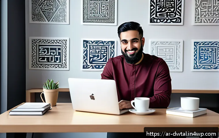디지털 명성 관리의 기본 개념 - A professional Middle Eastern digital content creator seated at a modern workspace with a laptop and...
