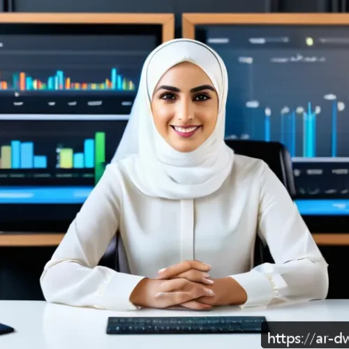 Home 30 온라인 평판 개선을 위한 팁 - A modern digital workspace featuring an Arab professional woman wearing a stylish hijab and business...