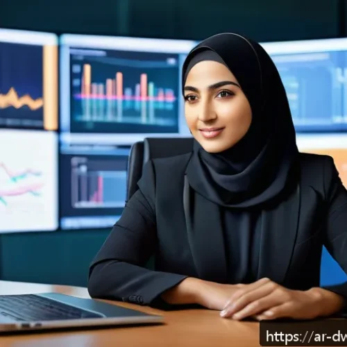 Home 17 명성 관리의 법적 측면 - A professional Middle Eastern woman in modern business attire sitting confidently at a sleek digital...