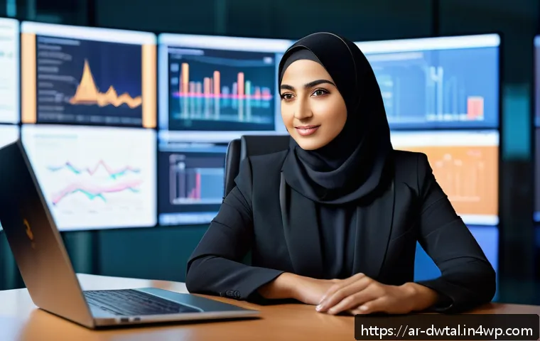 명성 관리의 법적 측면 - A professional Middle Eastern woman in modern business attire sitting confidently at a sleek digital...
