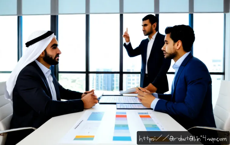 직원과의 명성 관리 협력 방안 - Photorealistic modern Middle Eastern workplace, diverse Arab employees and a manager seated around a...
